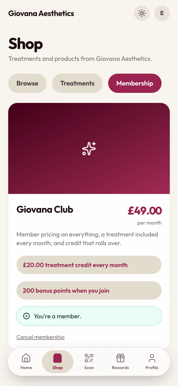 A clinic's monthly membership, priced with its benefits listed