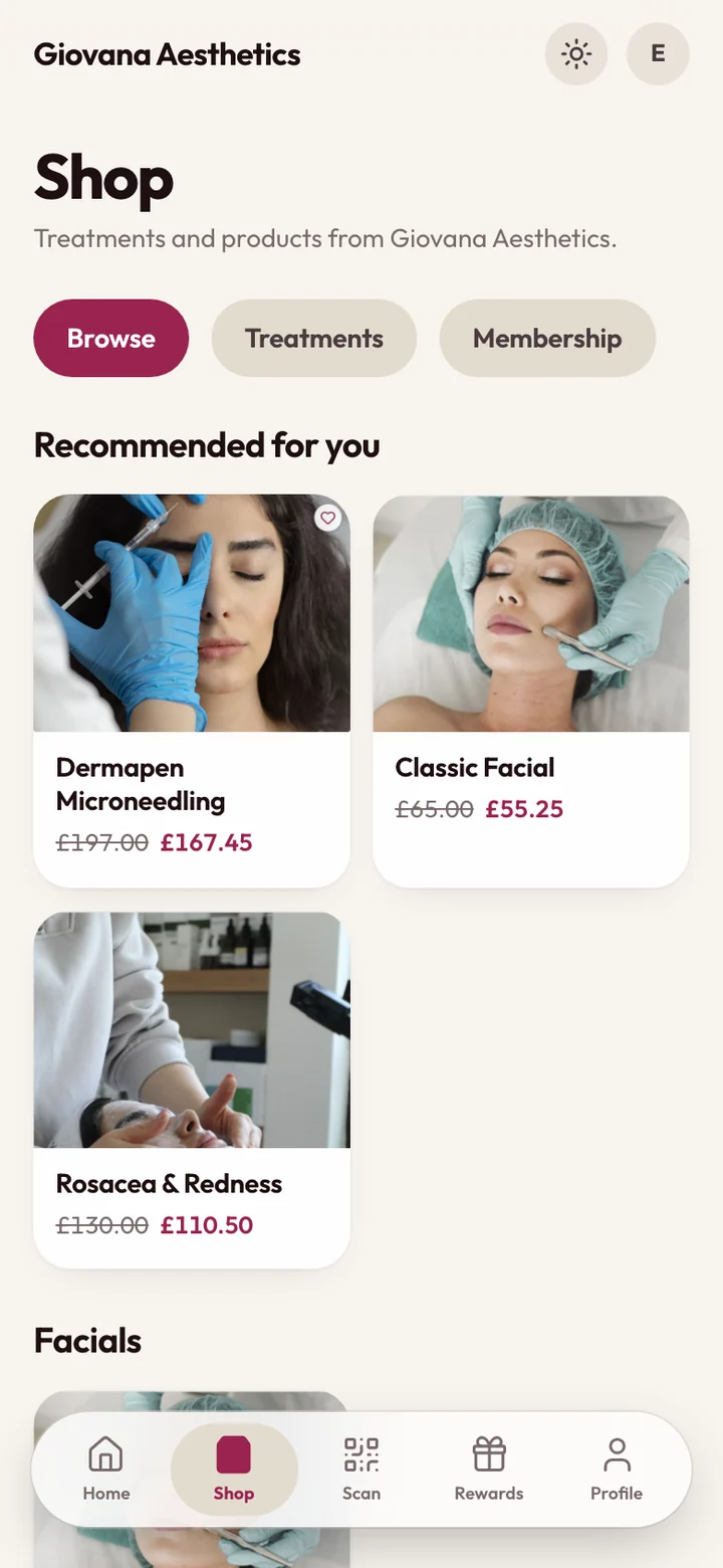 A clinic's catalogue, each treatment showing the member price beside the standard one
